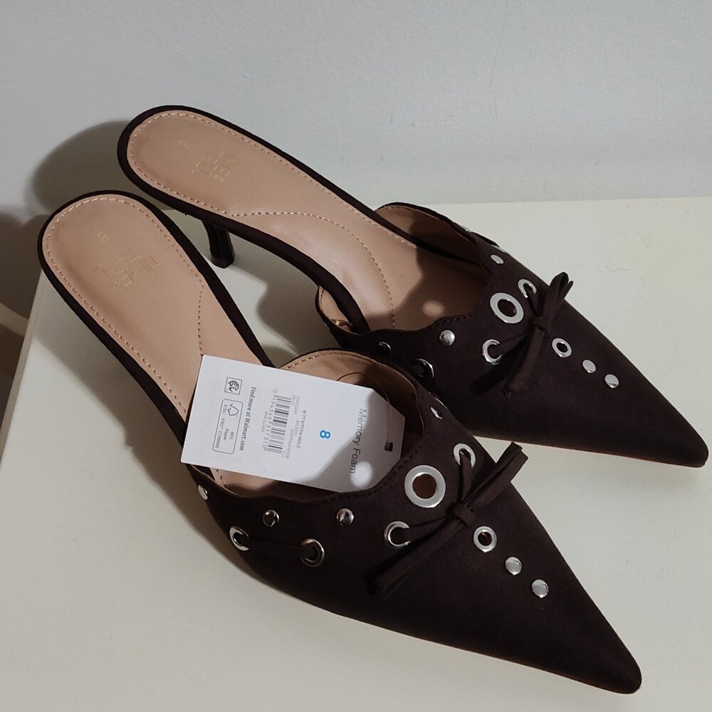 Time and Tru brown faux suede mules with kitten heels, NWTs, size 8 - Picture 2 of 5